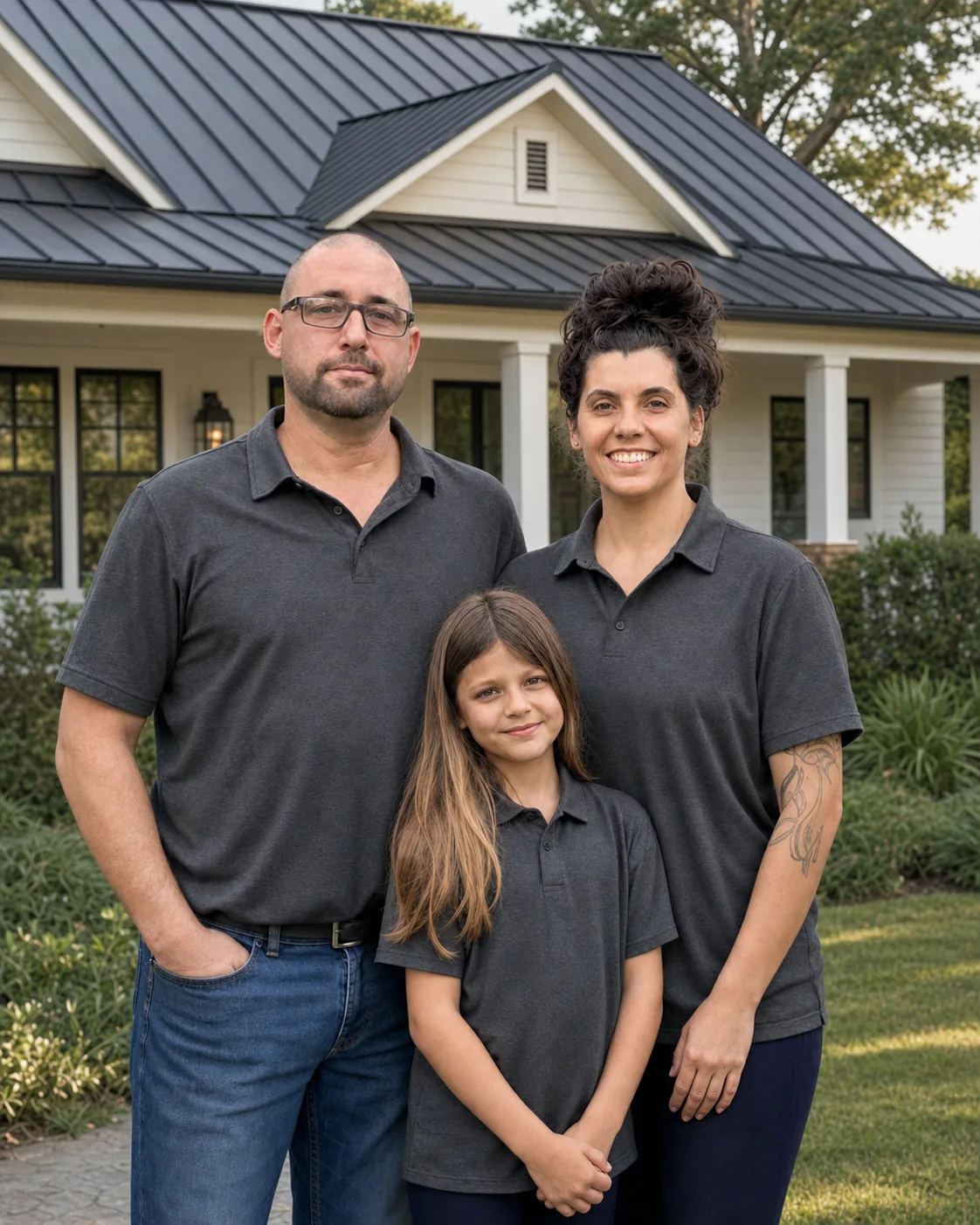 Tyler Martin and his family outside a Gulf Coast home with a standing-seam metal roof